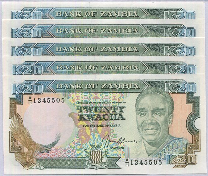 Zambia 20 Kwacha 1989/1991 P 32 b UNC LOT 5 PCS