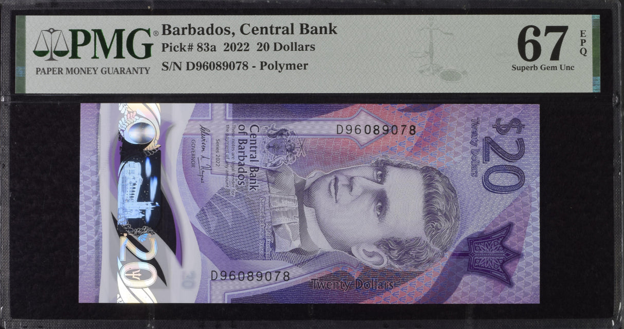Barbados 20 Dollars 2022 Polymer P 83 a Superb GEM UNC PMG 67 EPQ