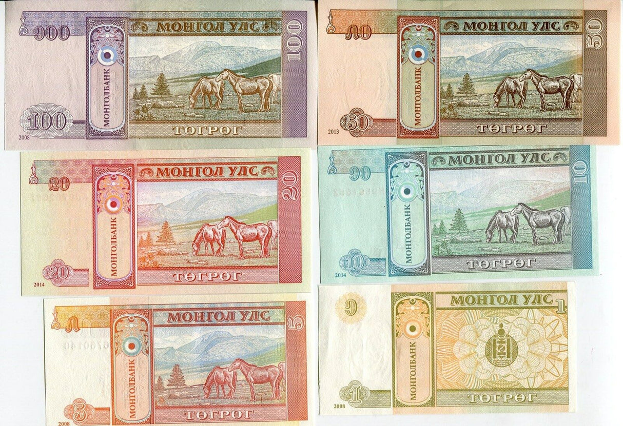 MONGOLIA SET 6 PCS 1 5 10 20 50 100 TUKRIK RANDOM YEAR P 61A 61b 62 63 64 UNC