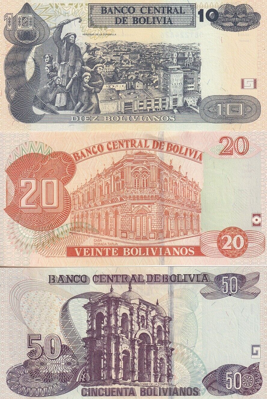 Bolivia Set 3 Pcs 10 20 50 Bolivianos 1986/2015 Series J P 243 244 245 UNC