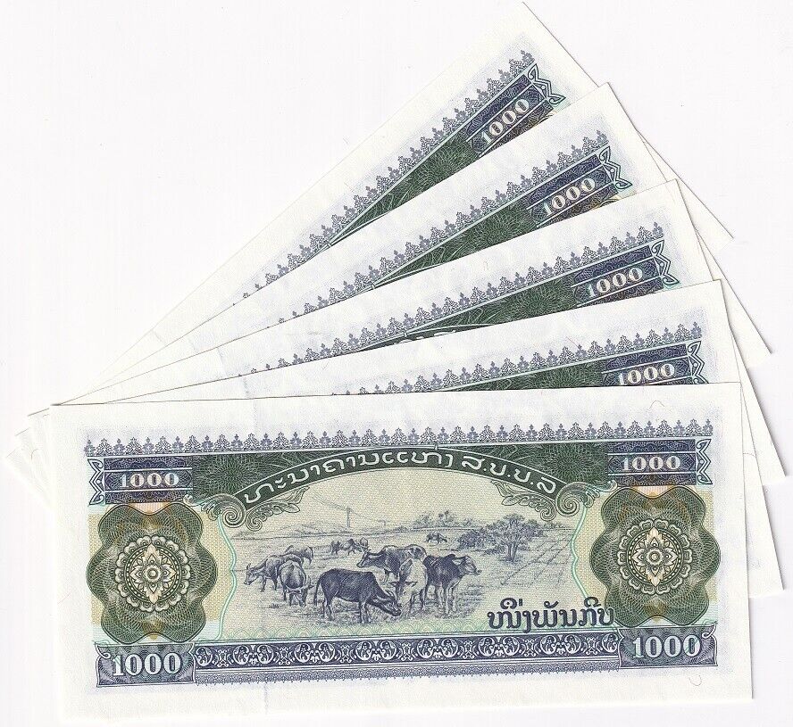 Laos 1000 Kip 1996 P 32 d UNC LOT 5 PCS