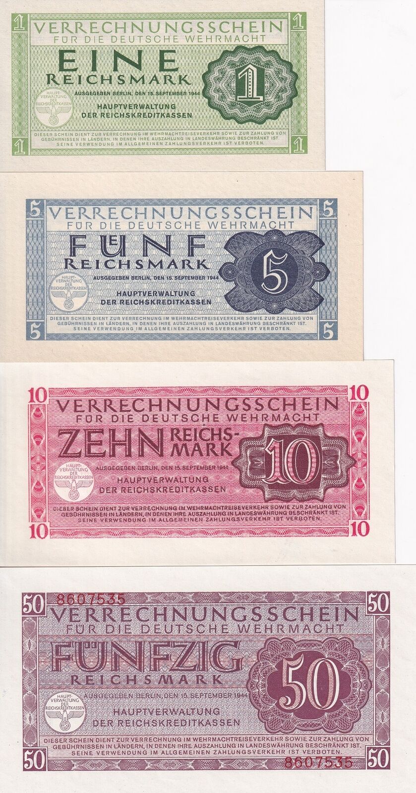 Germany SET 4 UNC 1 5 10 50 Reichsmark 1944 P M38 M39 M40 M41