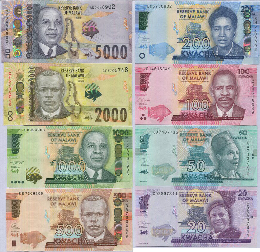 Malawi Set 8 UNC 20 50 100 200 500 1000 2000 5000 Kwacha 2014-2021 P 63- 71