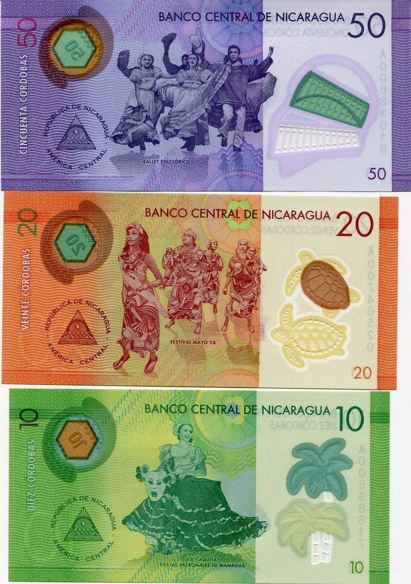 Nicaragua Set 3 Pcs 10 20 50 Cordobas 2014-2021 Polymer P 209 210 211 UNC