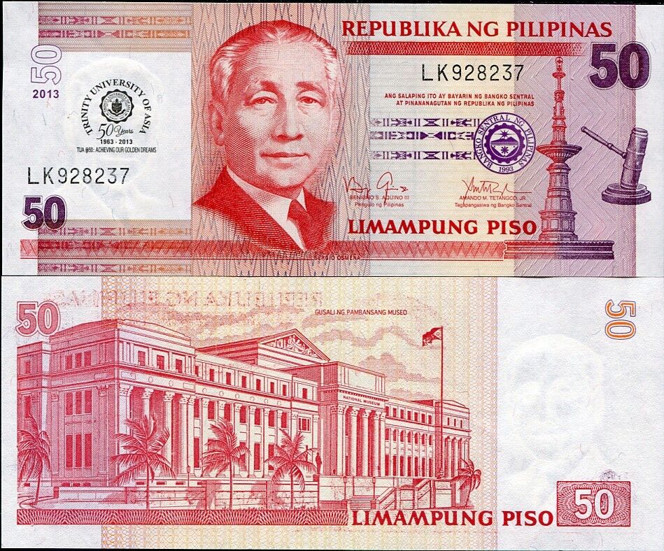PHILIPPINES 50 PISOS 2013 50 YEAR TRINITY UNIVERSITY OF ASIA TUA COMM. P 216 UNC