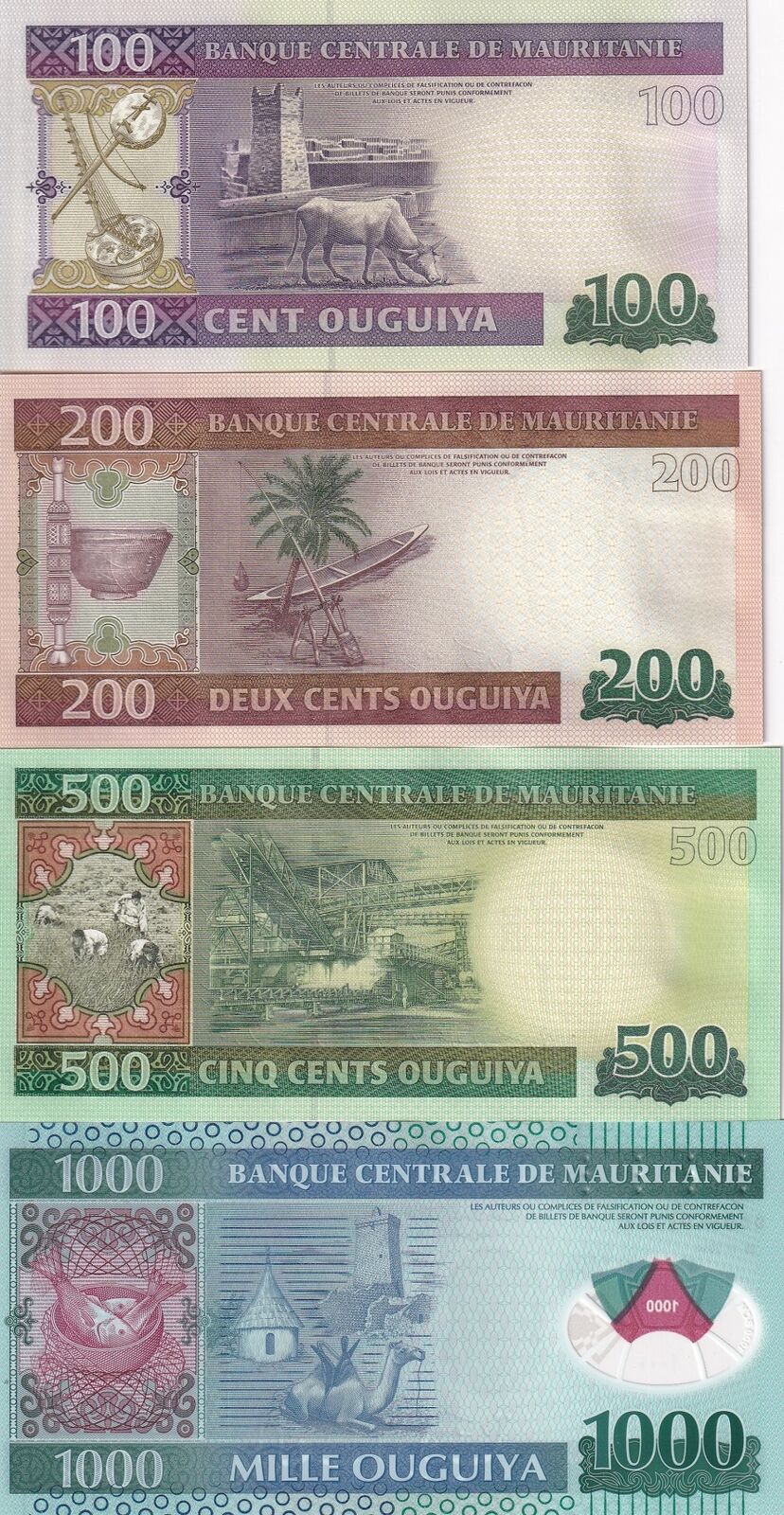 Mauritania Set 4 UNC 100 200 500 Ouguiya (1000 polymer) 2013-2014 P 16 17 18 19