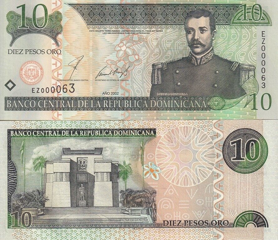Dominican Republic 10 Pesos 2002 Low serial # 2 Digit P 168 b UNC