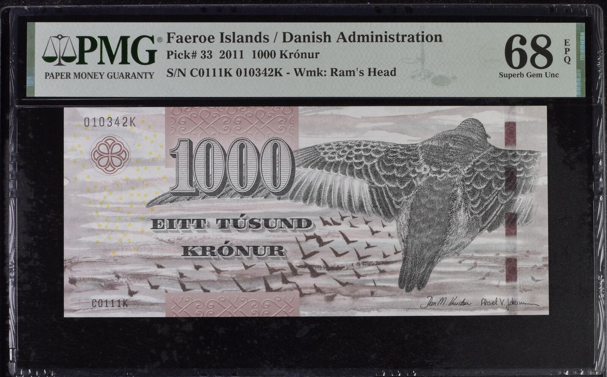 Faeroe Islands 1000 Kronur 2011 P 33 Superb Gem UNC PMG 68 EPQ