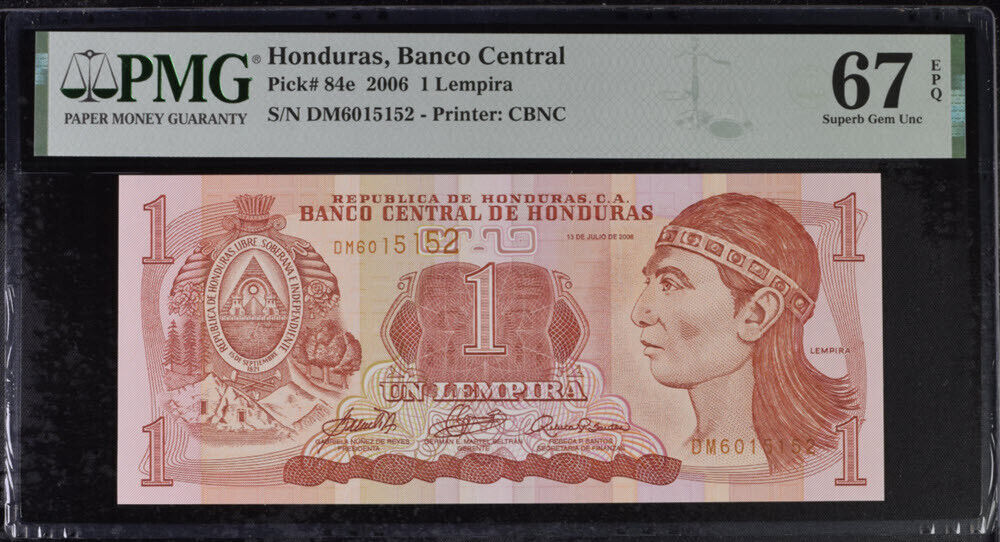 Honduras 1 Lempira 2006 P 84 e Superb Gem UNC PMG 67 EPQ
