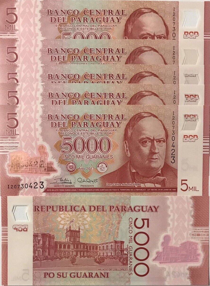 Paraguay 5000 Guaranies 2017 Polymer P 234 UNC LOT 5 PCS