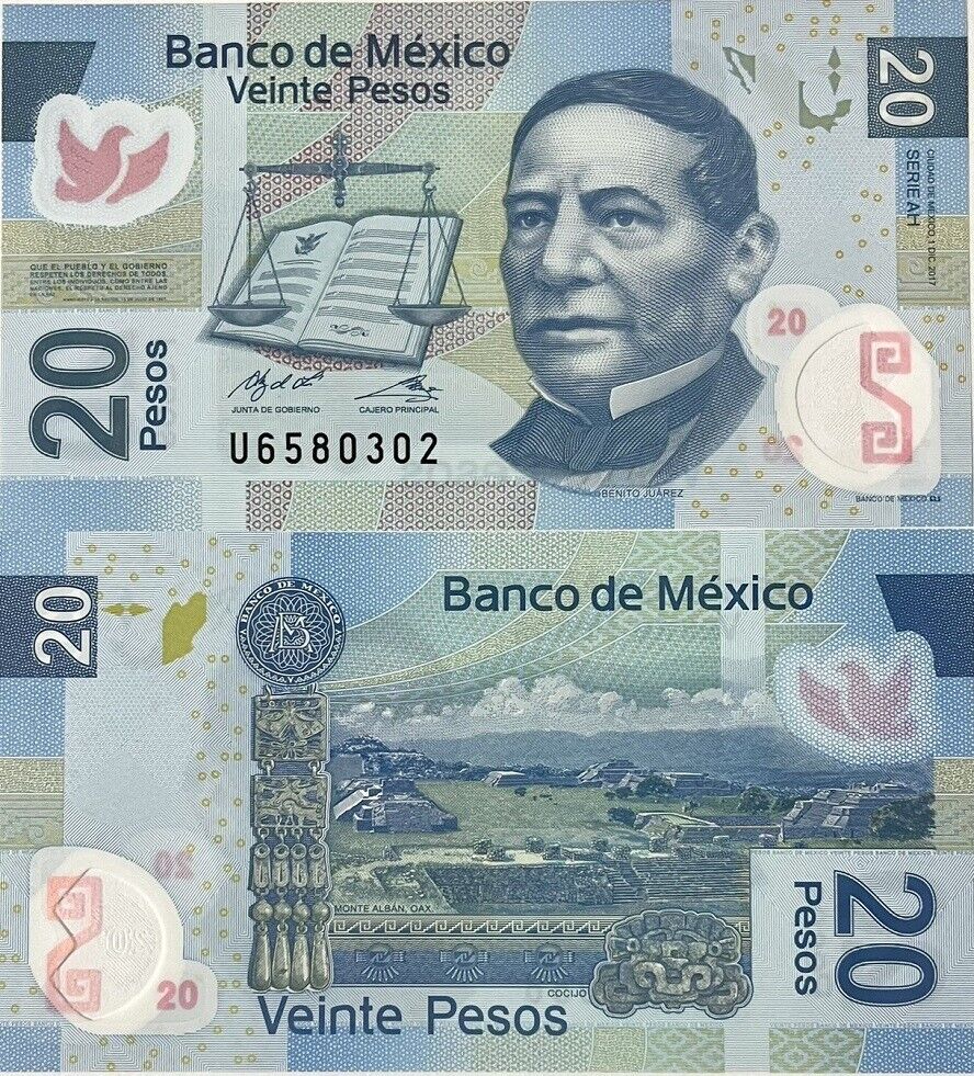 Mexico 20 Pesos 2017 P 122 ah Series AH Polymer Random Prefix UNC