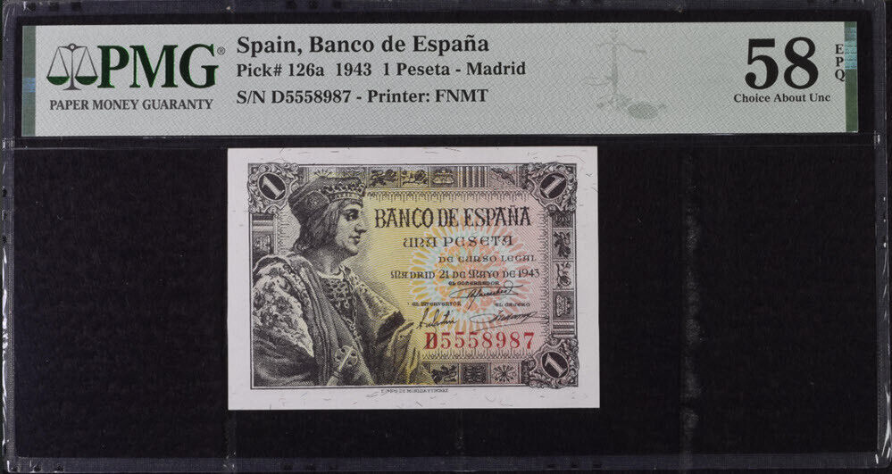 Spain 1 Peseta 1943 P 126 a Choice UNC PMG 58 EPQ