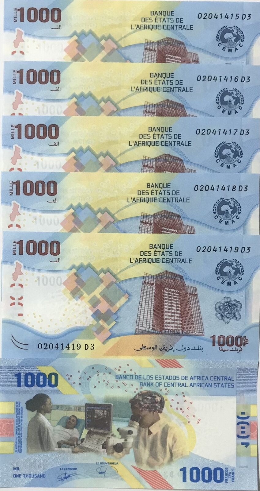 Central African States 1000 Francs 2022 P new Design Hybrid UNC Lot 5 Pcs