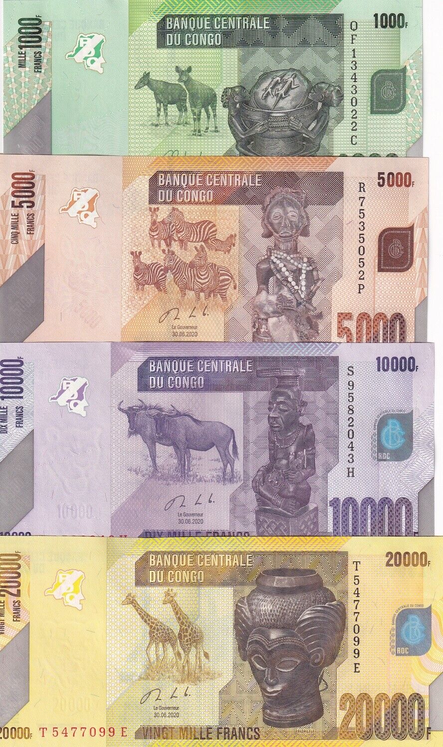 Congo Set 4 Pcs1000 5000 10000 20000 FRANCS 2020-2022 P 101 102 103 104 UNC
