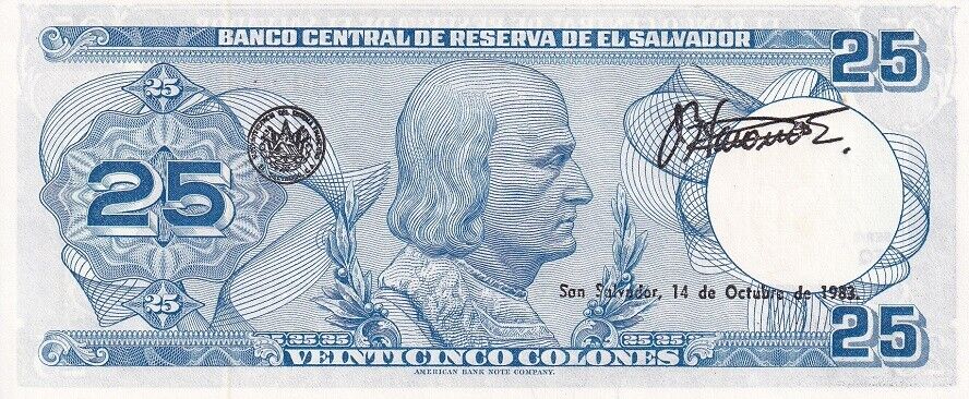El Salvador 25 Colon 1983 P 136 UNC