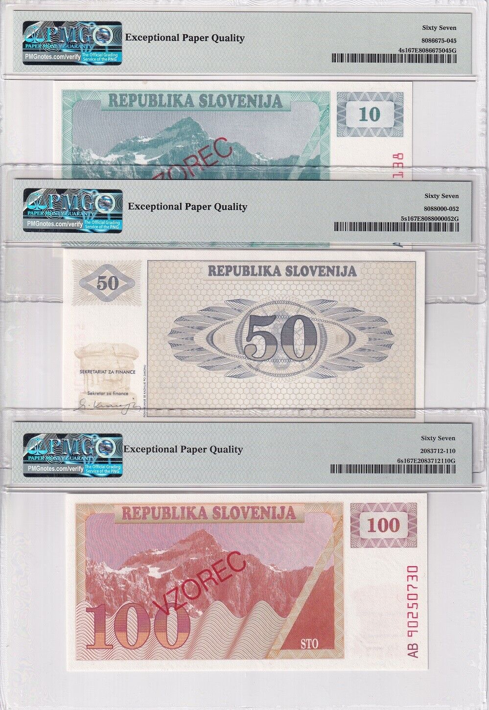 Slovenia Set 3; 10 50 100 Tolarjev 1990 P 4- 6 SPECIMEN SuperbGem UNC PMG 67 EPQ