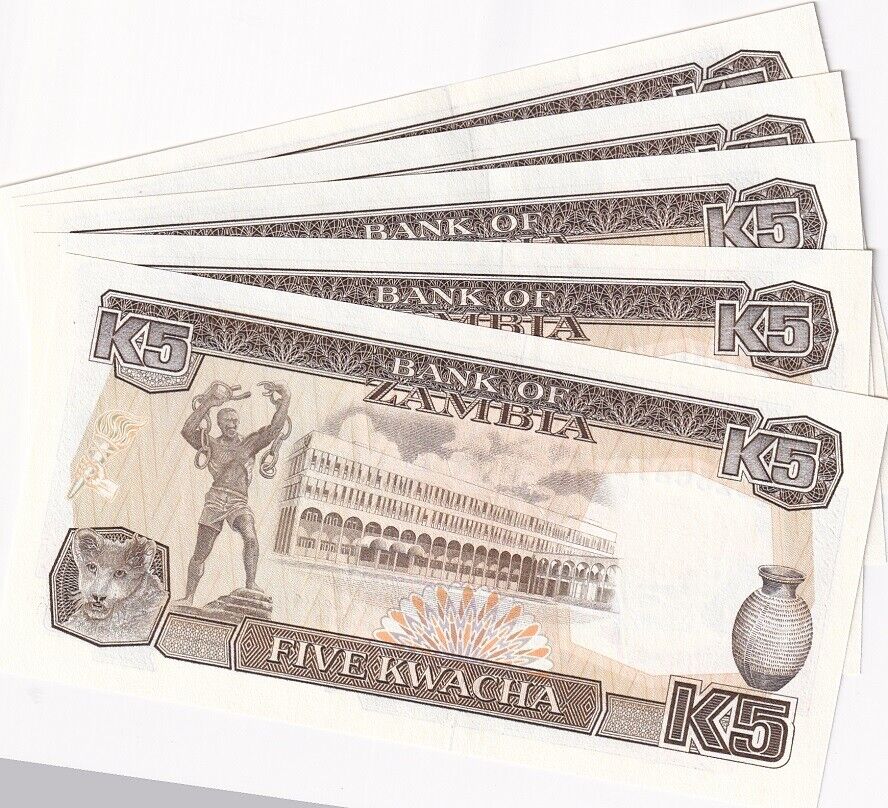 Zambia 5 Kwacha 1989 P 30 UNC LOT 5 PCS