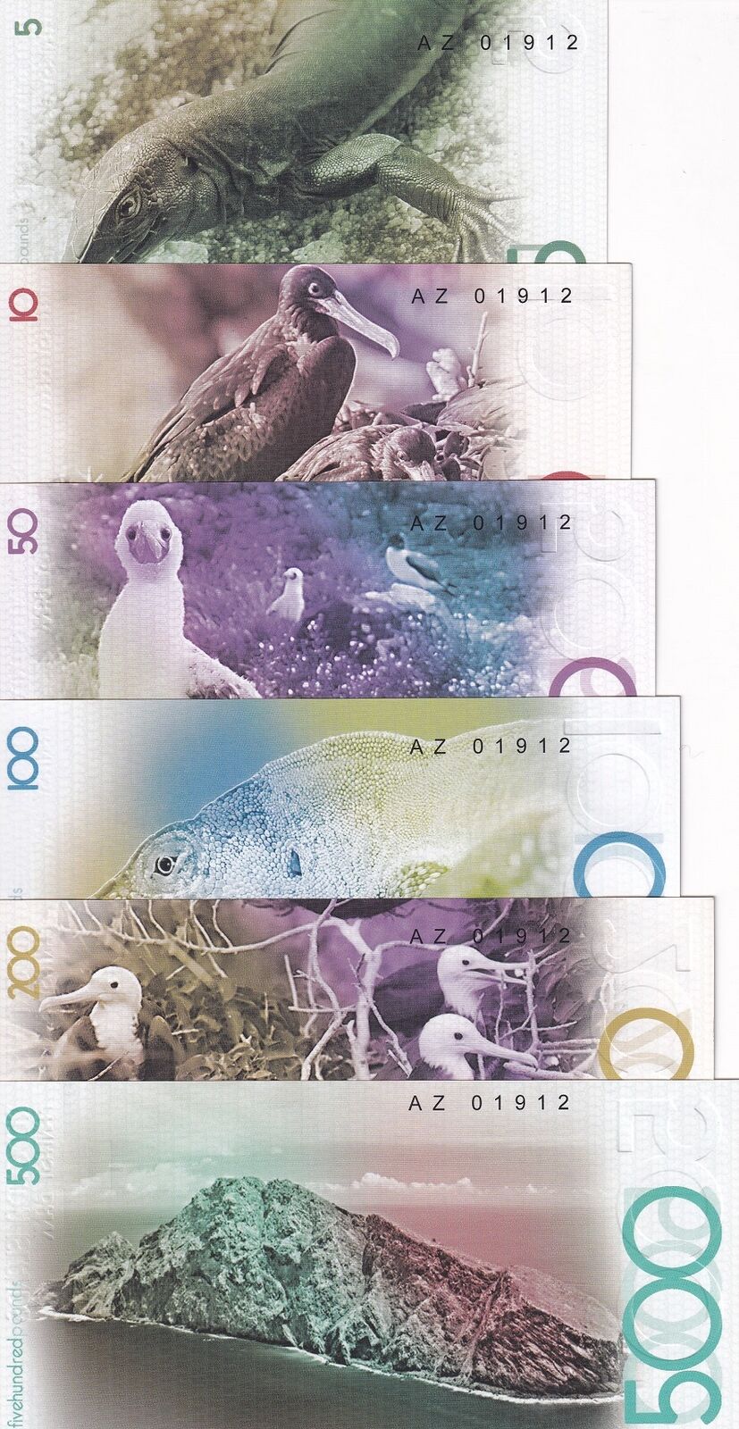 REDONDA Island set 6 FANTASY 5 10 50 100 200 500 Pounds 2019 QE II Bird Lizard