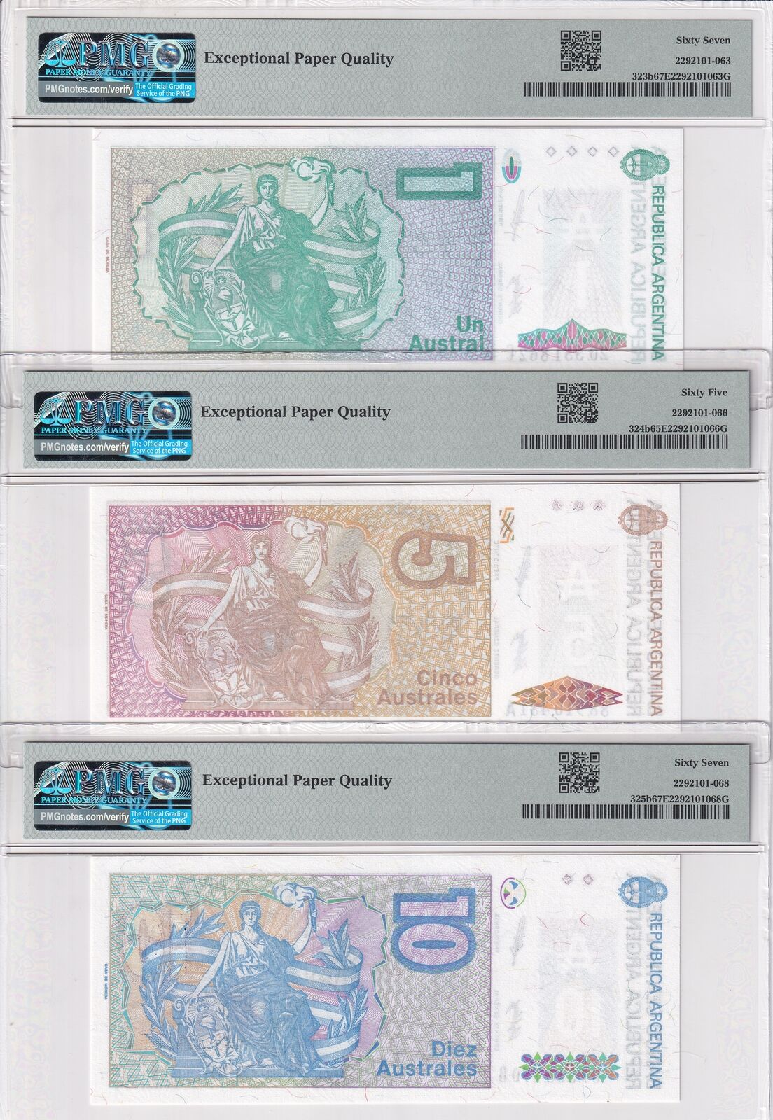 Argentina Set 5; 1-10 50 100 Aus ND 1985 P323-P327 Superb Gem UNC PMG 65-67 EPQ