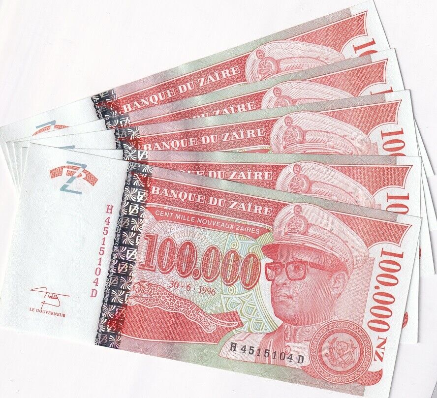 Zaire 100000 Nouveaux Zaires 1996 HDMZ P 77 UNC LOT 5 PCS
