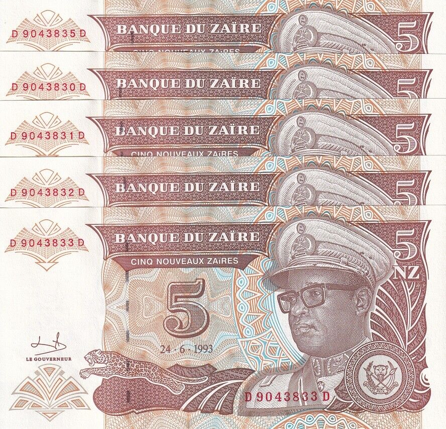 Zaire 5 Nouveaux Zaires 1993 P 53 UNC LOT 5 PCS