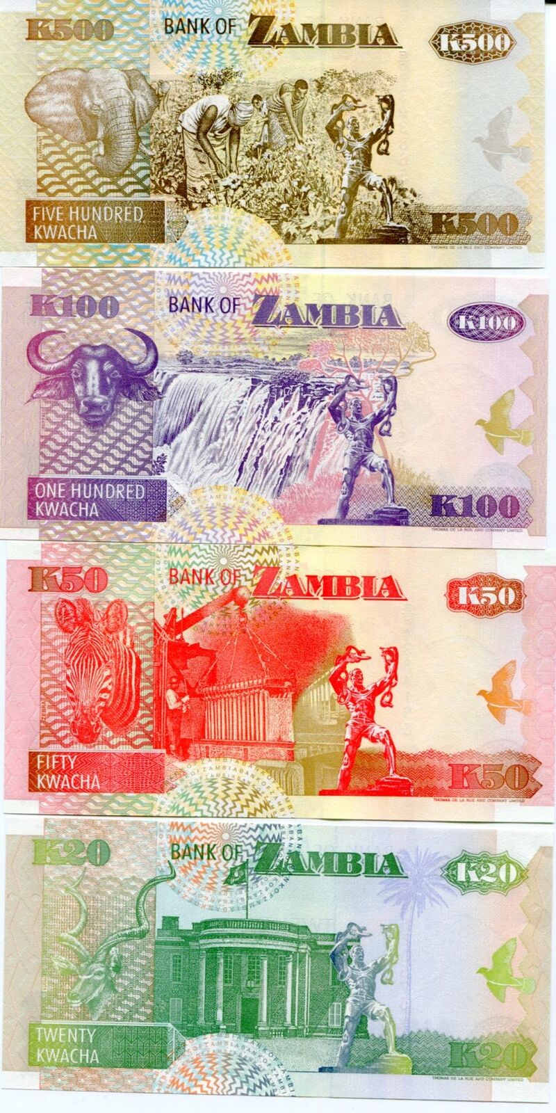 ZAMBIA SET 4 PCS 20 50 100 500 KWACHA 1992 P 36 37 38 39 UNC