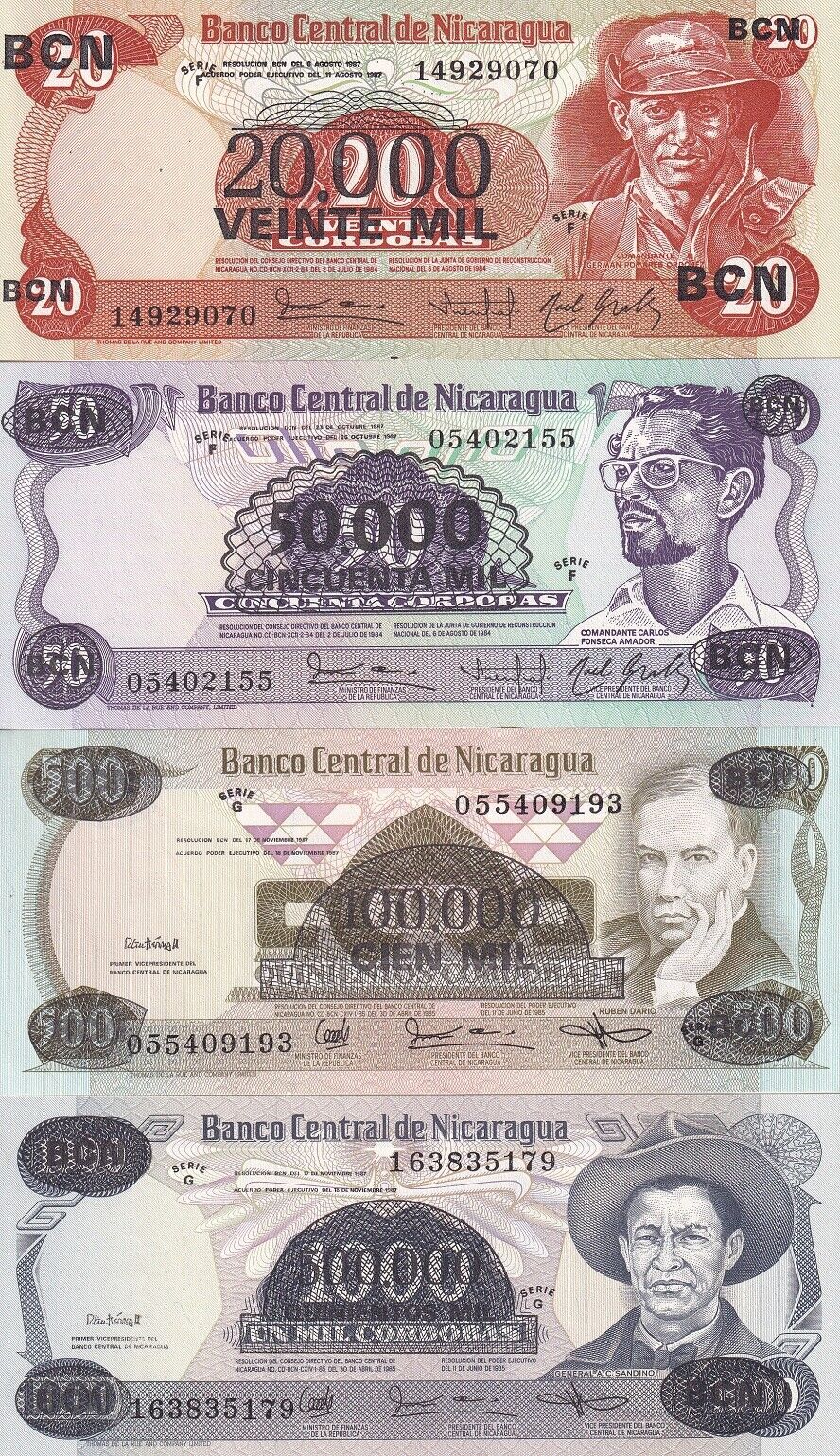 Nicaragua set 4 Pcs 20 50 500 1000 Cordobas 1987 P 147 148 149 150 UNC