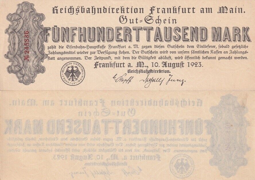 Germany Deutsche Reichsbahn 500000 Mark 1923 P S1216 AUnc