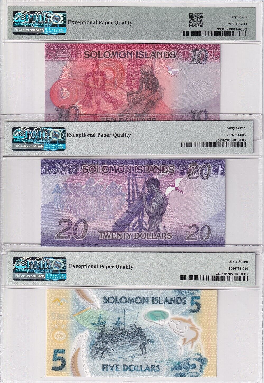 Solomon Set 3; 5 10 20 Dollars 2017-19 P 33 P 34 P 38 Superb Gem UNC PMG 67 EPQ