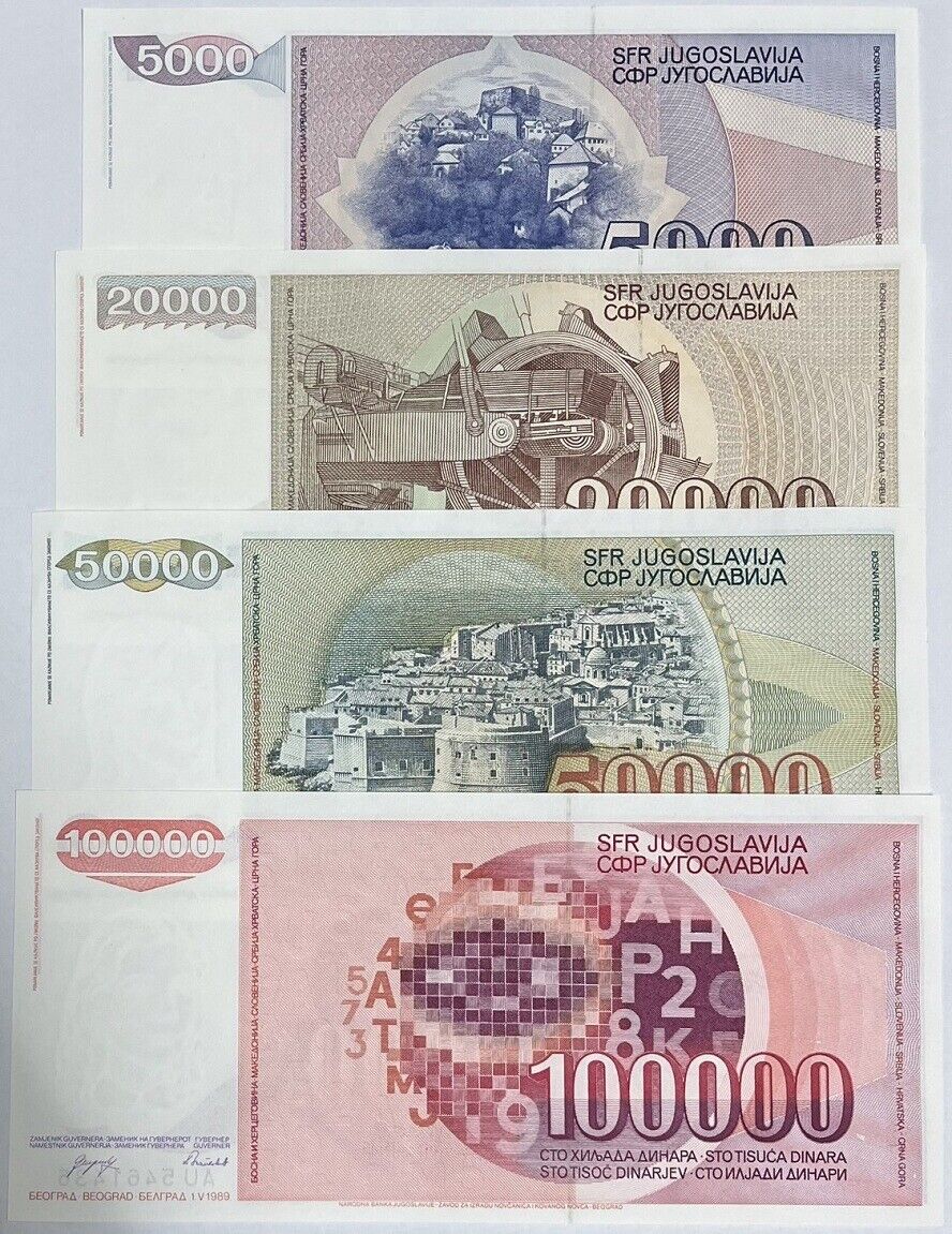 Yugoslavia Set 4 Pcs 5000 20,000 - 100,000 DINARA 1985-1989 P 93 95 96 P 97 UNC