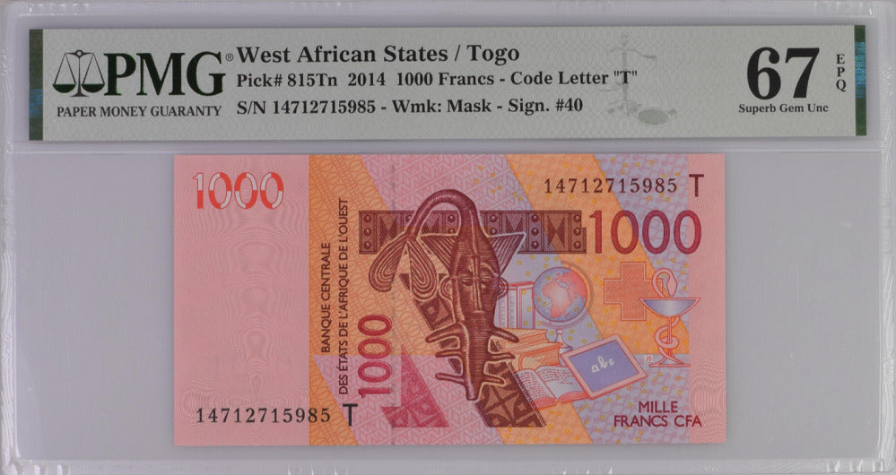 West African State TOGO 1000 Francs 2014 P 815 Tn Superb Gem UNC PMG 67 EPQ