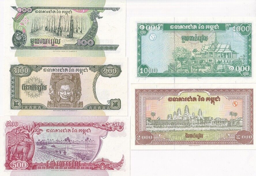 Cambodia Set 5 Pcs 100 200 500 1000 2000 Riels 1995-1998 P 41 42 43 44 45 UNC