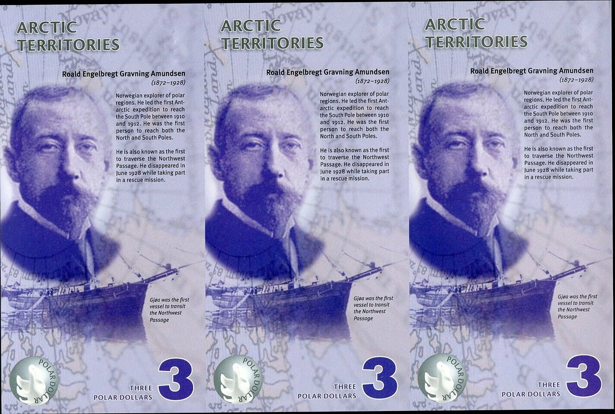 ARCTIC TERRITORIES 3 DOLLARS 2011 SERIES A B C MATCHING SHEET OF 3 UNC