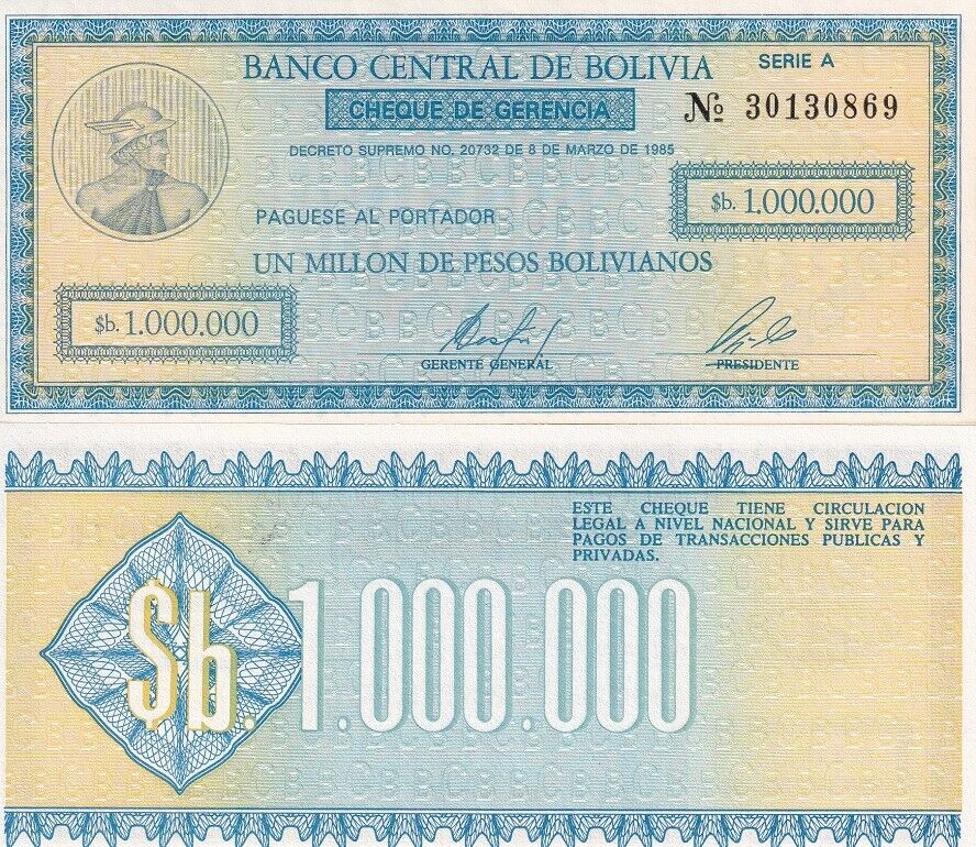 Bolivia 1000000 Pesos Bolivianos 1985 P 190 a UNC