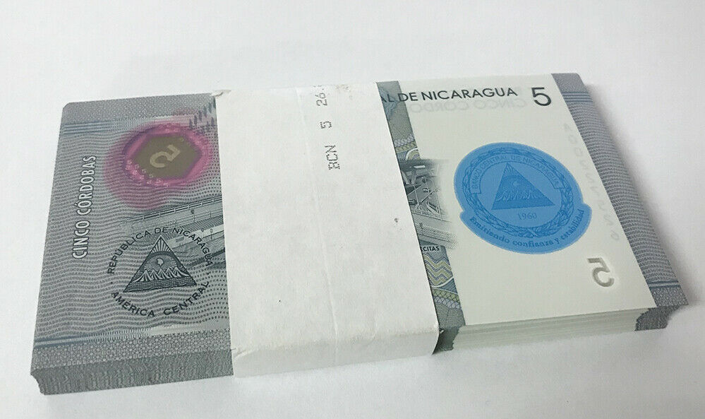 Nicaragua 5 Cordobas 2019/2020 P 219 a Comm. Polymer UNC Lot 25 Pcs 1/4 Bundle