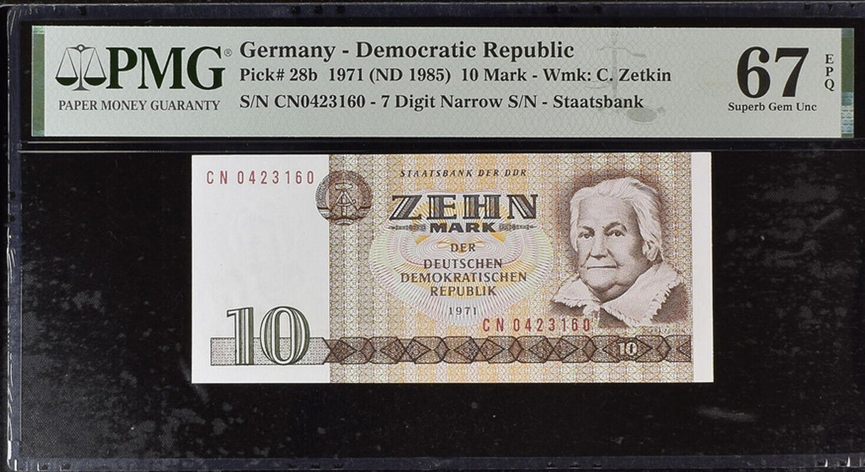 Germany Democratic 10 MARK 1971 ND 1985 P 28 b Superb Gem UNC PMG 67 EPQ