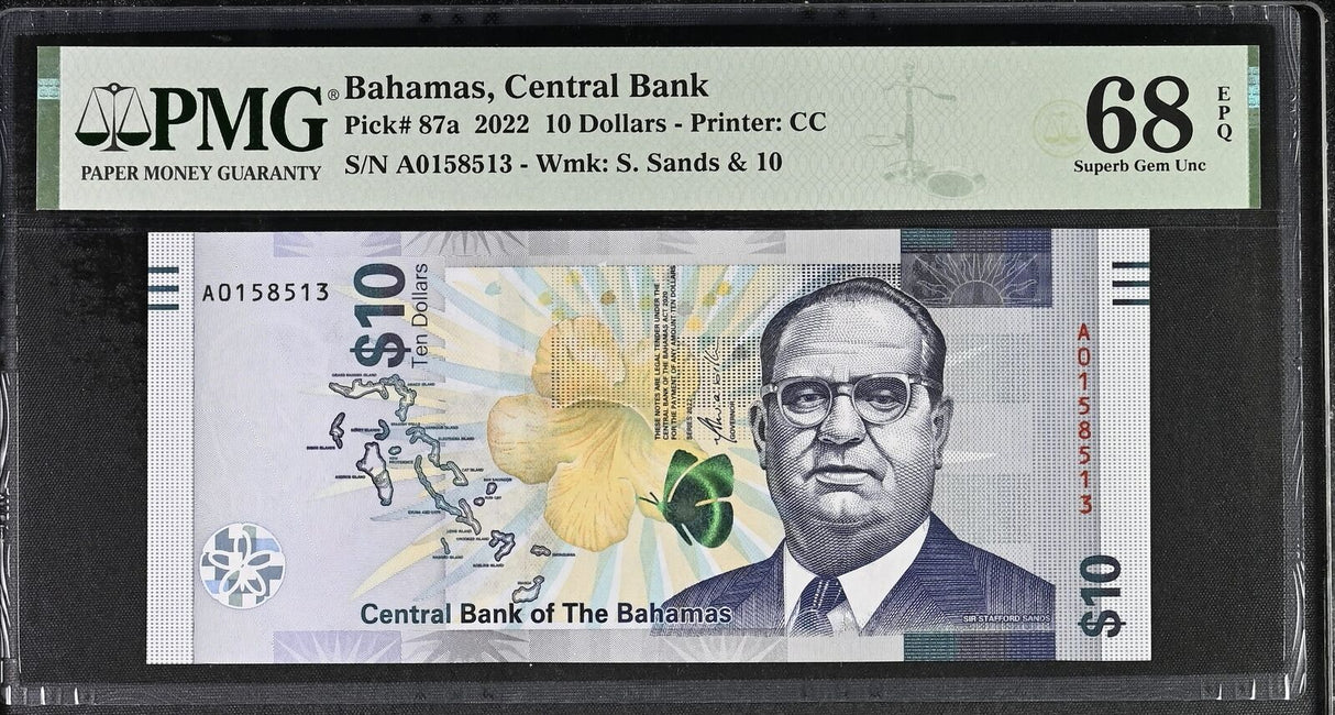 Bahamas 10 Dollars ND 2022 P 87 a Superb Gem UNC PMG 68 EPQ