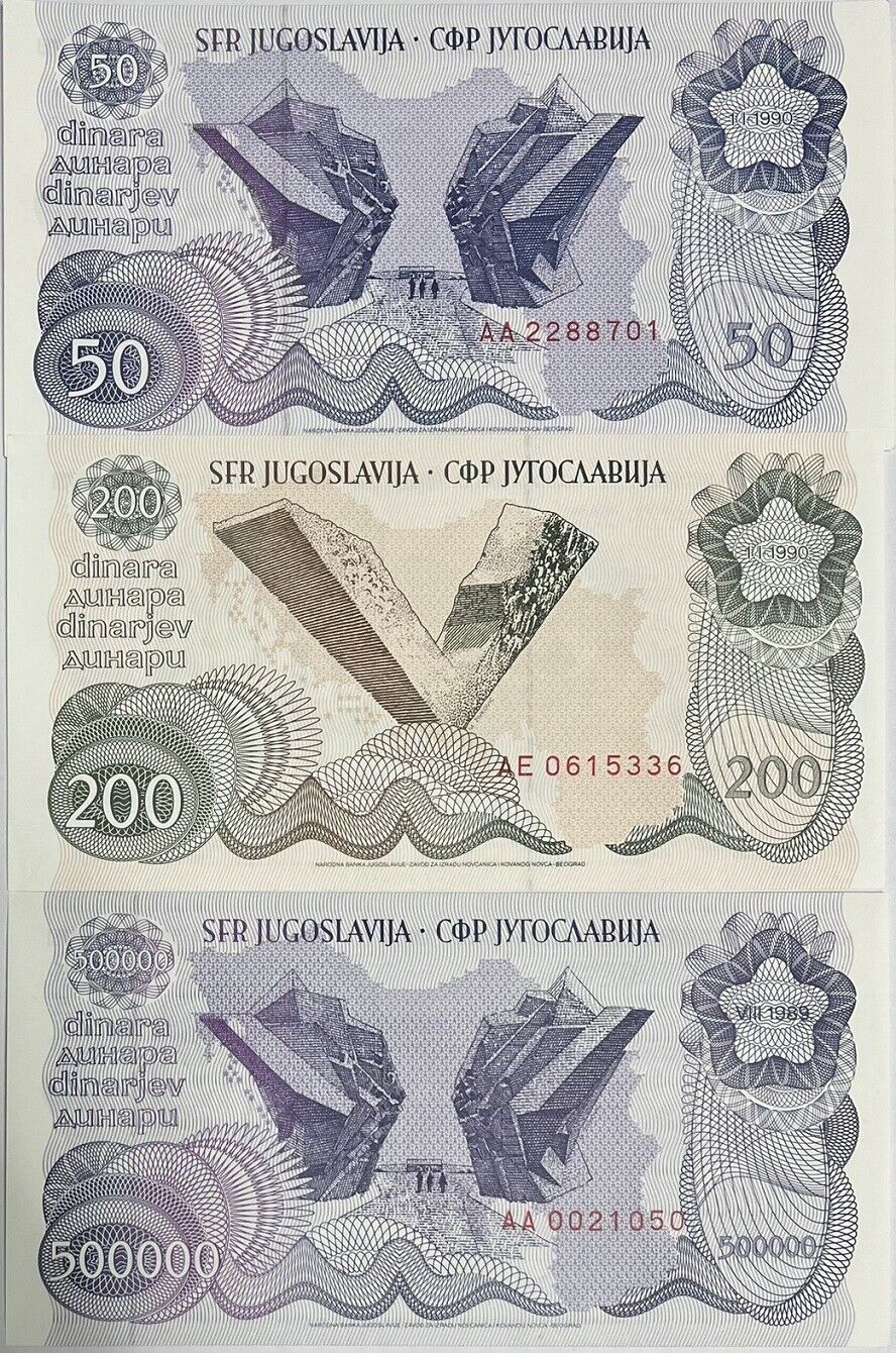 Yugoslavia Set 3 PCS 50 200 500000 Dinara 1989-1990 P 98 P 101 P 102 UNC