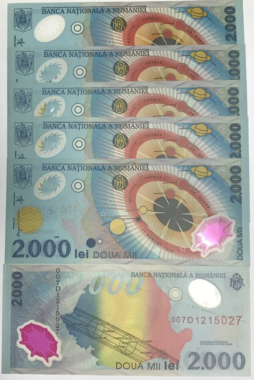Romania 2000 Lei 1999 P 111 Polymer UNC LOT 5 PCS