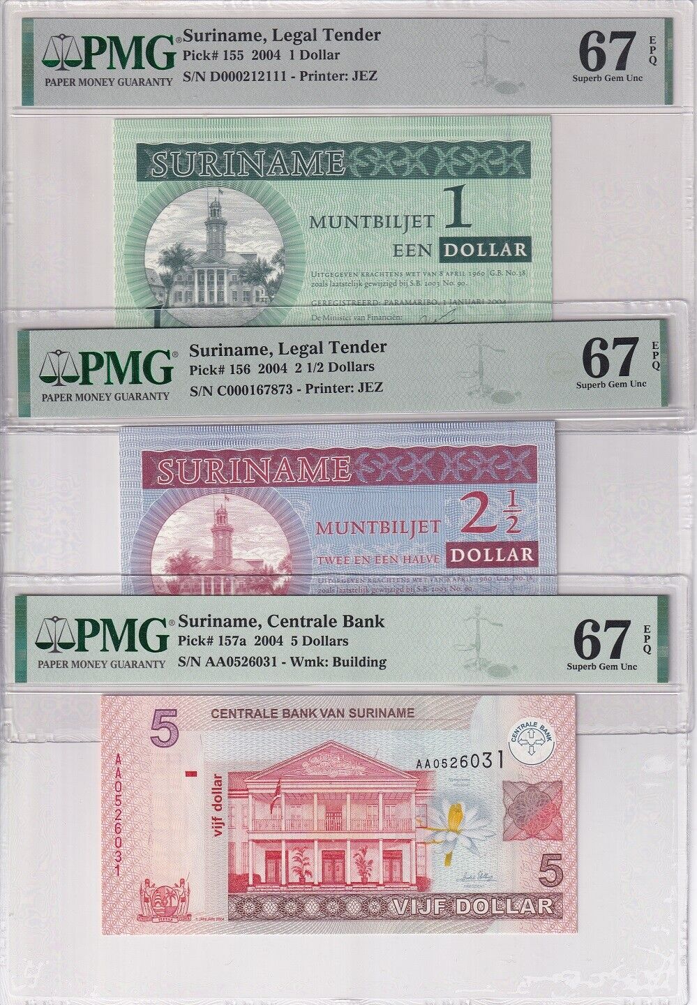 Suriname Set 3; 1 2 5 Dollars 2004 P 155 P 156 P 157 Superb Gem UNC PMG 67 EPQ