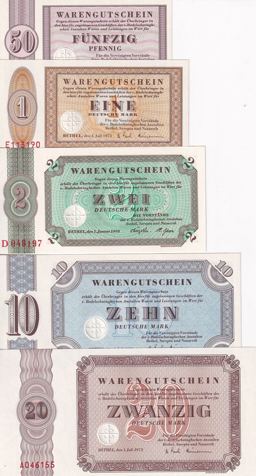 Germany SET 5 PCS Bethel Bodelschwinghsche 50 Pfennig 1 2 10 20 Mark UNC