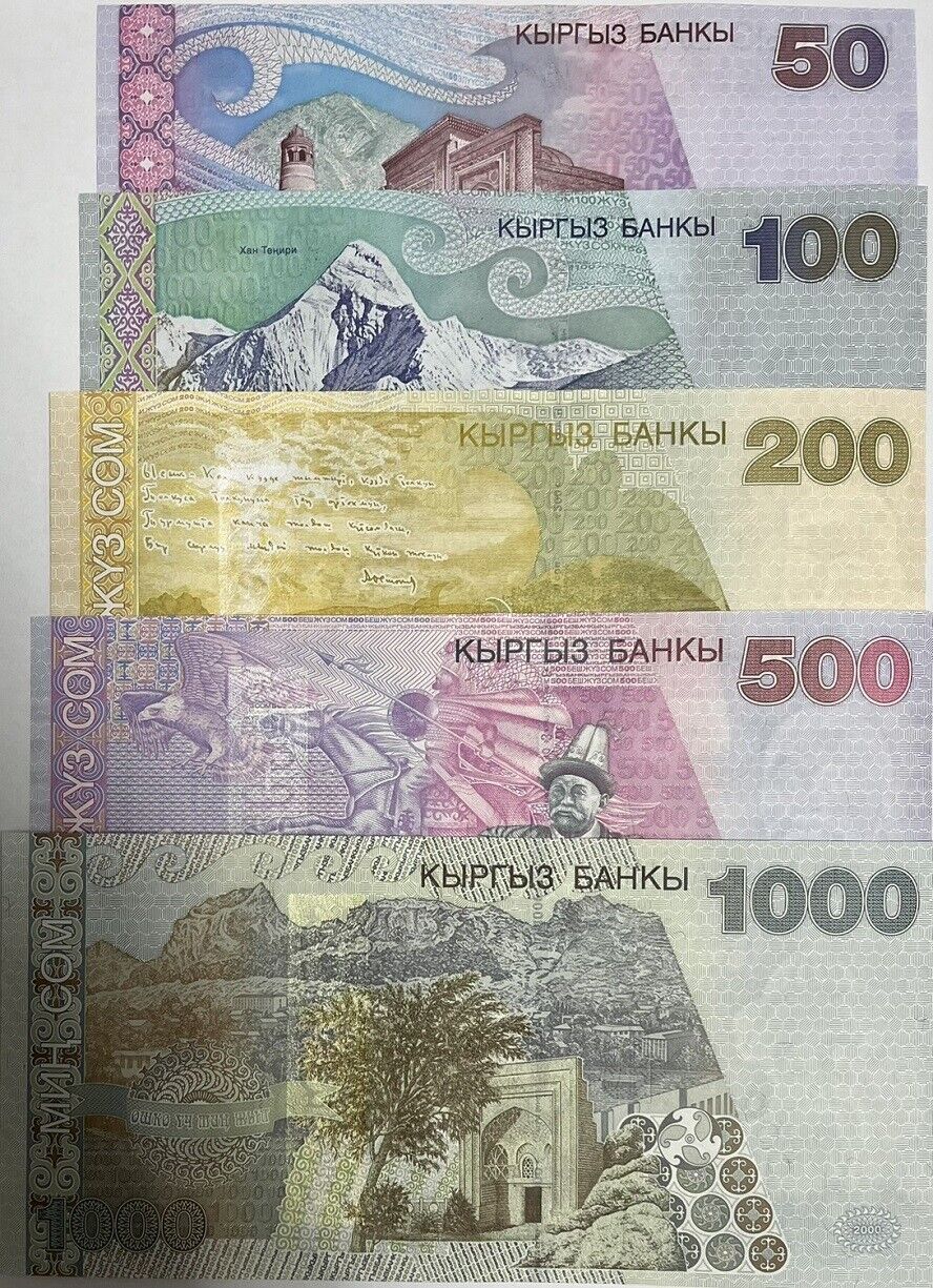 Kyrgyzstan Set 5 PCS 50 -200 500 1000 Som 2000-2004 P 17 18 20 21 22 UNC