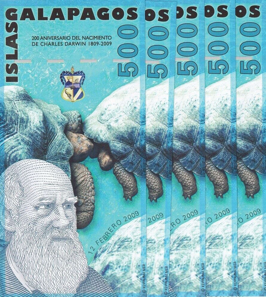 GALAPAGOS 500 SUCRES 12-2-2009 POLYMER 1st ISSUED ERROR NO SERIAL LOT 5 PCS