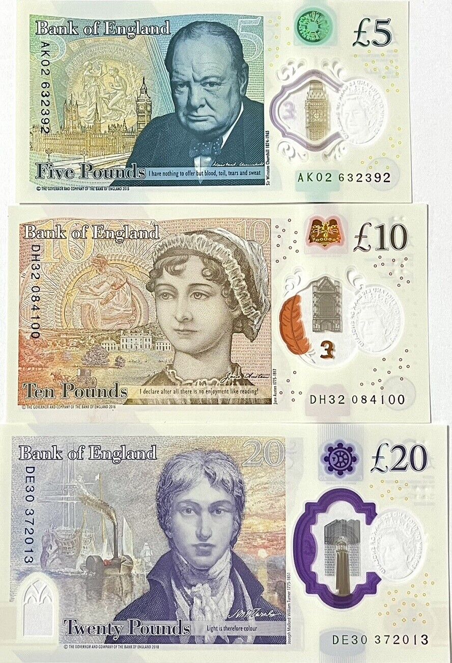 Great Britain Set 3 Pcs 5 10 20 Pound 2015-2020 P 394 395 396 Polymer UNC