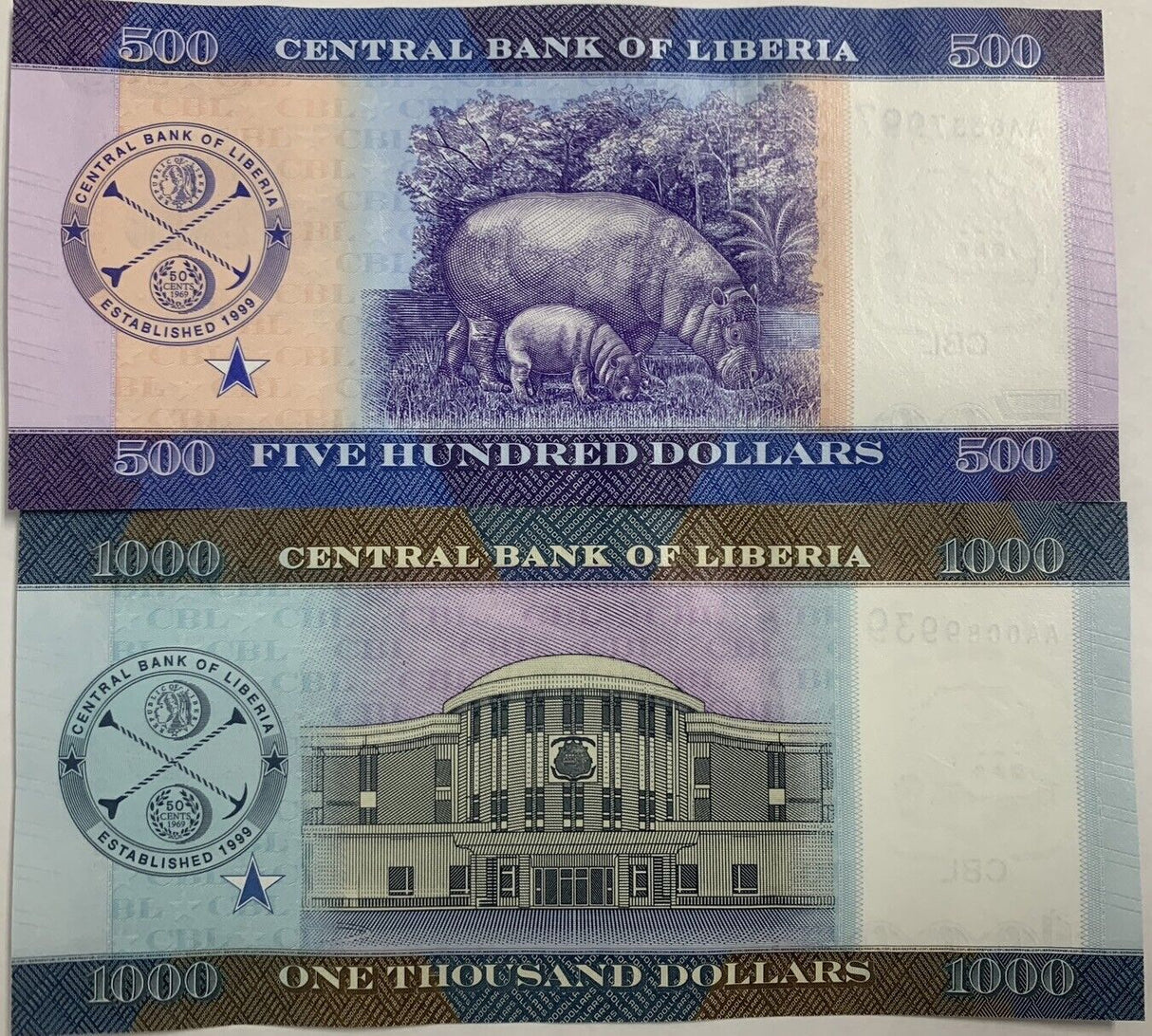 Liberia SET 2 UNC 500 1000 Dollars 2022 P NEW Design Parliament Hippo