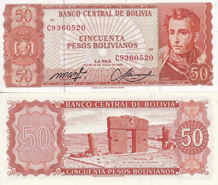 Bolivia 50 Pesos Bolivianos 1962 P 162 a UNC