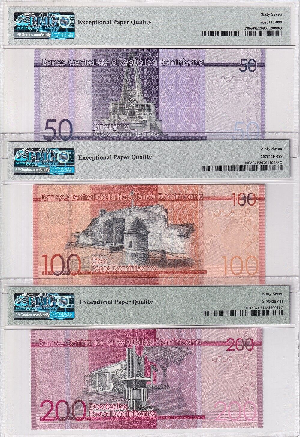 Dominican Set 6; 50-200 500-2000 Pesos 2016-21 P189- 194 Superb Gem UNC PMG 67