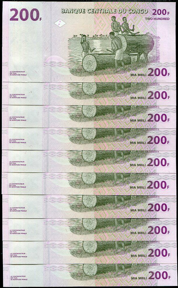 Congo 200 Francs 2013 P 99 UNC LOT 10 PCS 1/10 BUNDLE