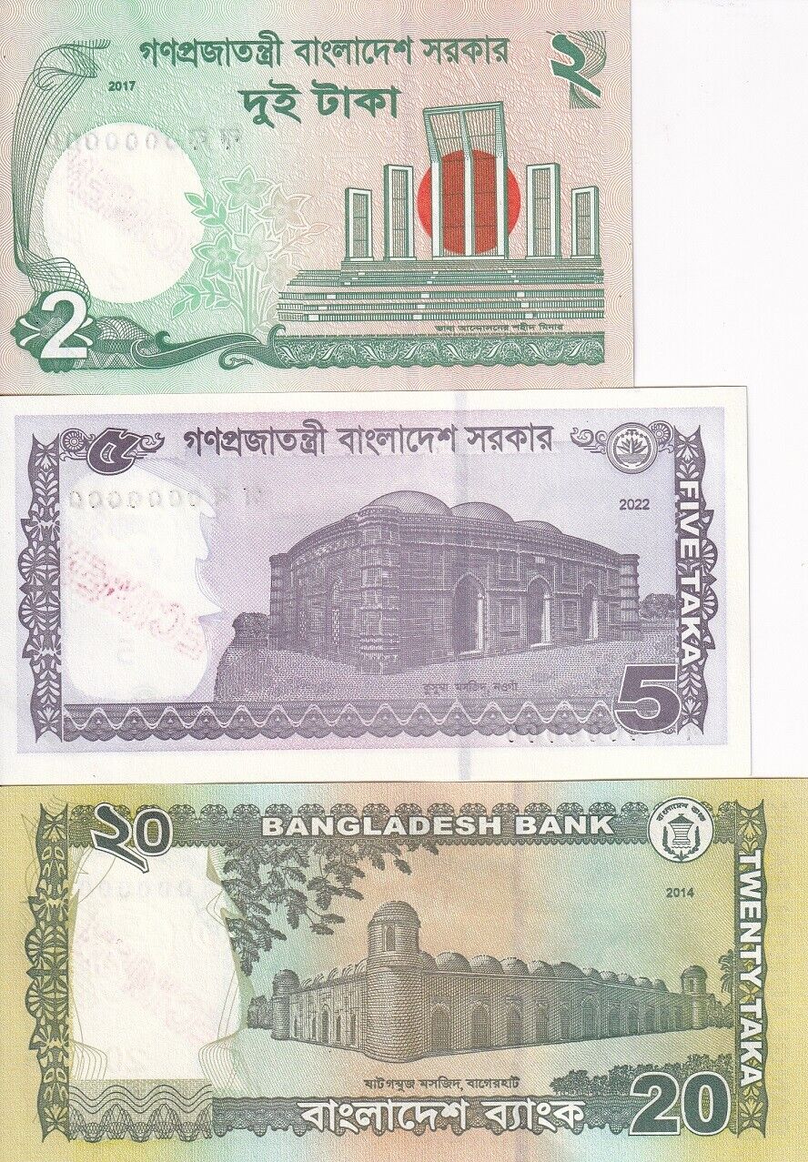 Bangladesh Set 3 Pcs 2 5 20 Taka 2014 2017 2022 Specimen P 52 P 55 P 64 UNC