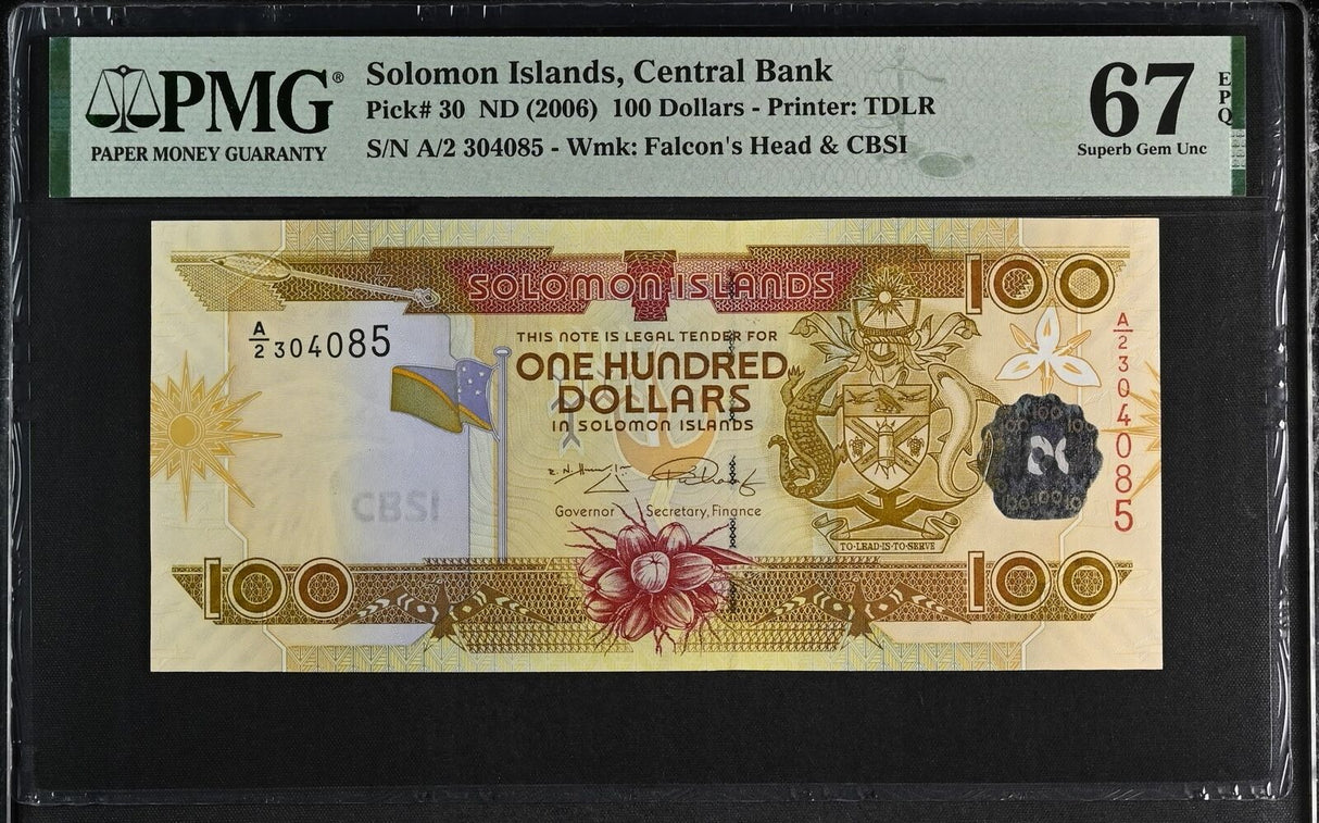 Solomon Islands 100 Dollars ND 2006 P 30 A/2 PREFIX Superb Gem UNC PMG 67 EPQ
